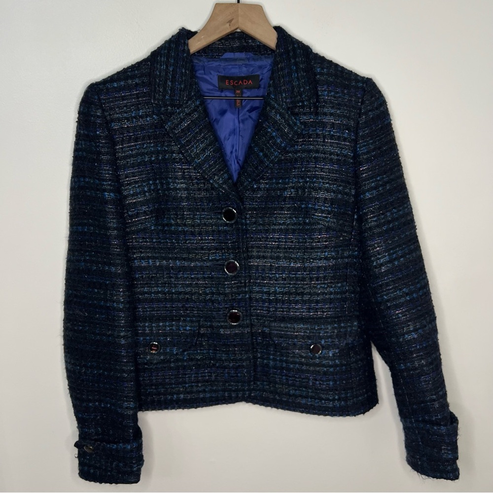 Escada Wool Blend Blazer Tweed Metallic Office Blue Black  Plaid Size 36/US 6